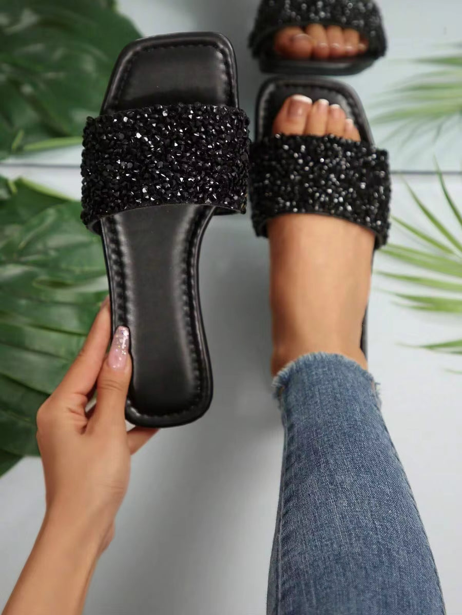 Plus Size Women's Black Slip-On Sandals With Rhinestone Decor, Luxurious Shiny Black Diamond Solid Color Slides, Lightweight Casual Outdoor Slippers Wide Fit