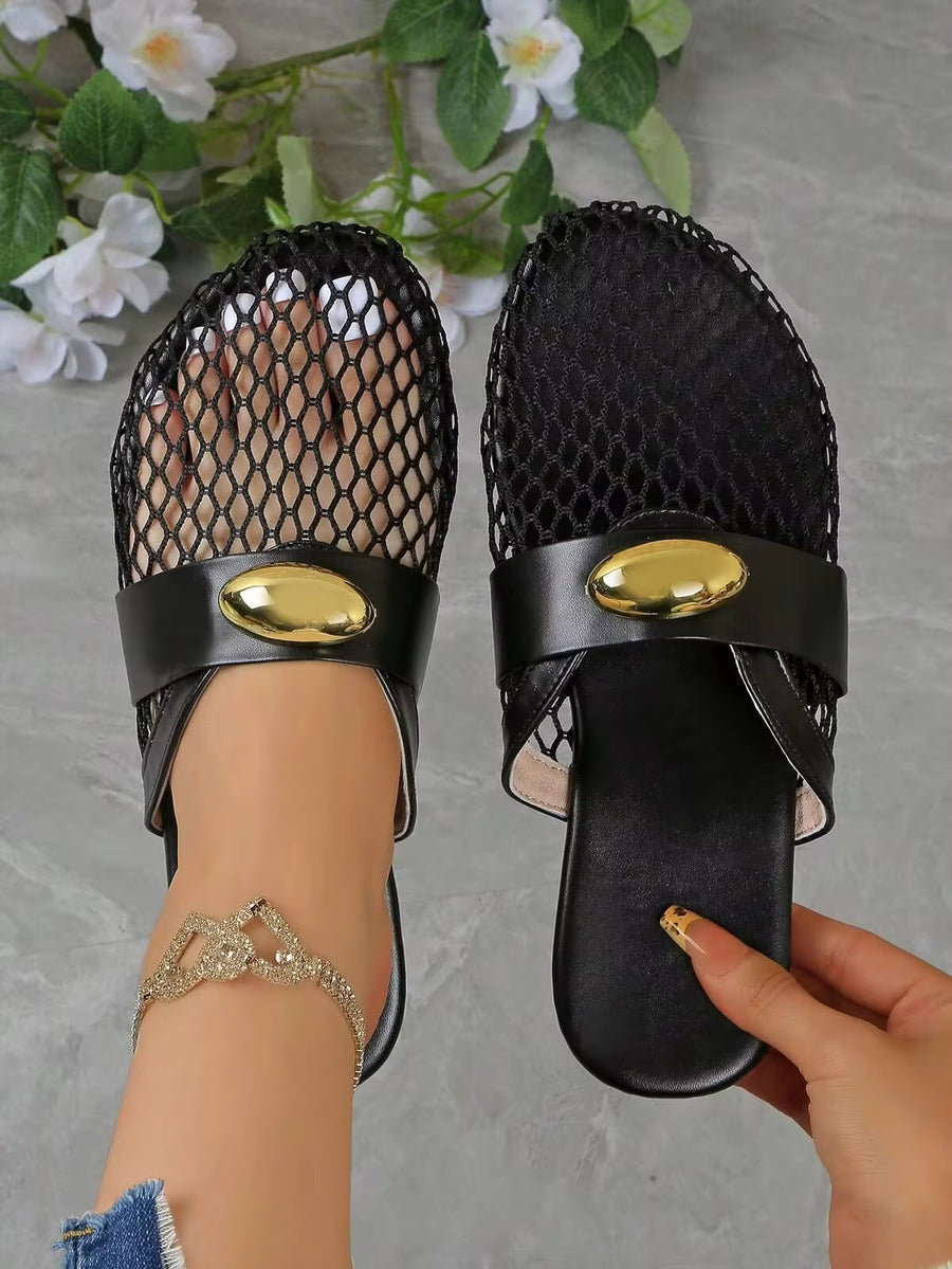 Women's Fishnet Hollow-Out Flat Loafers, Comfortable Linen Casual Backless Mules, Breathable Mesh Slip-On Sandals, Lightweight Soft Indoor Slippers, Bohemian Style Fashion Sandals, Black Mules