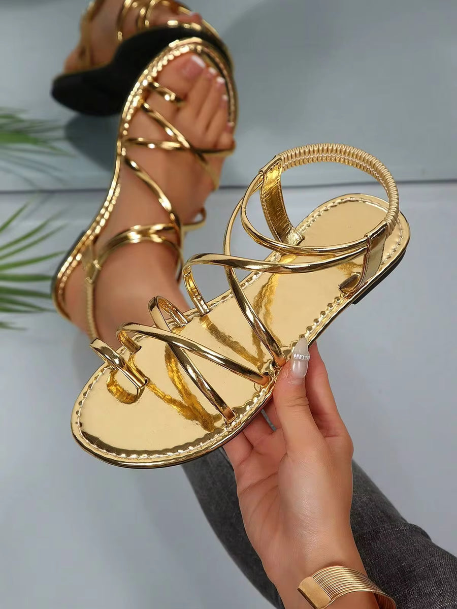 New Plus Size Women Comfortable Casual Round Toe Metal Criss-Cross Strap Flat Sandals, Elastic Back Strap Open Toe Roman Shoes, Summer Beach Fashion Casual Shoes
